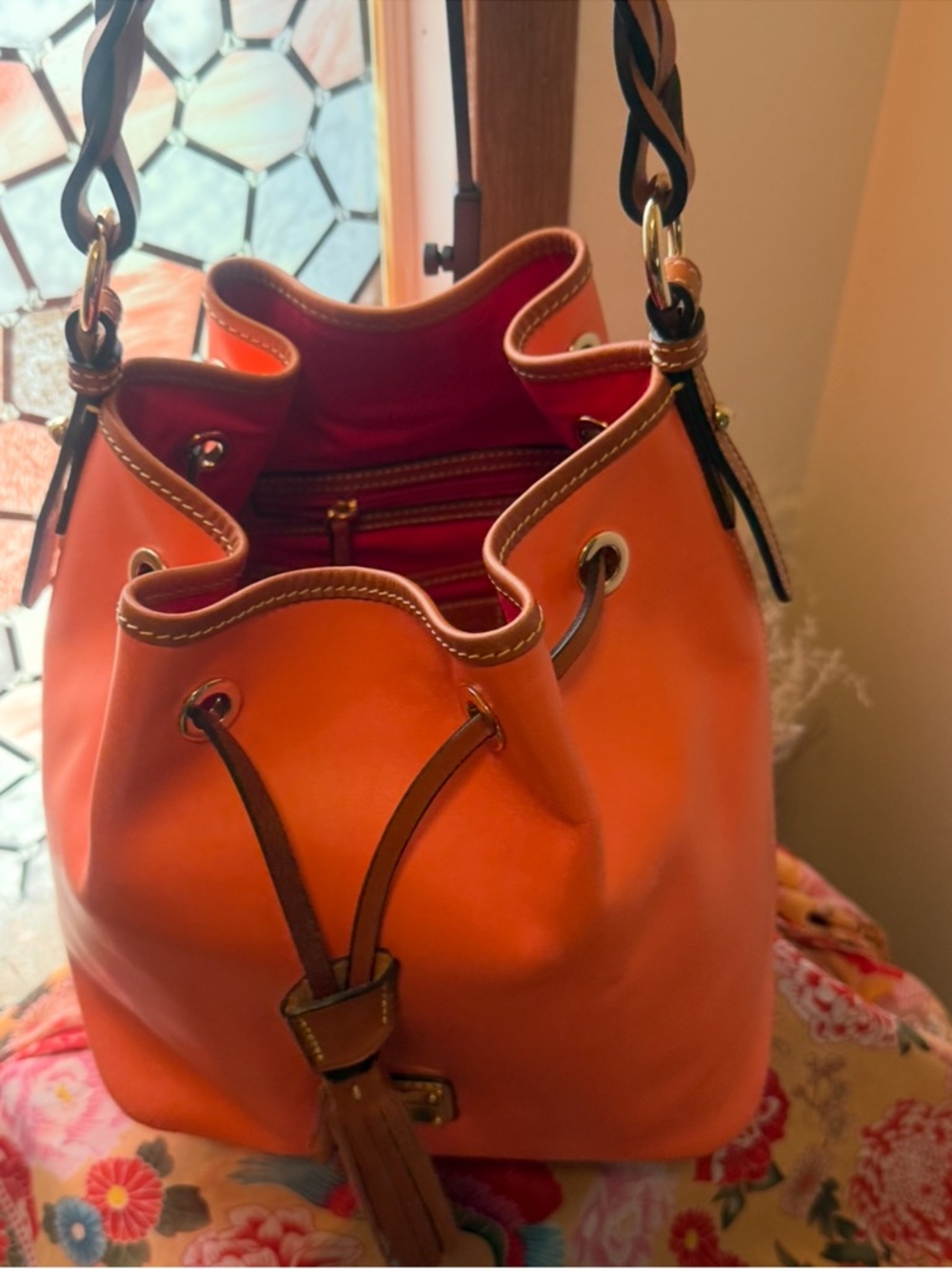 Dooney & Bourke Coral Pebbled Leather Drawstring Bucket Bag with matching wallet - Picture 12 of 13